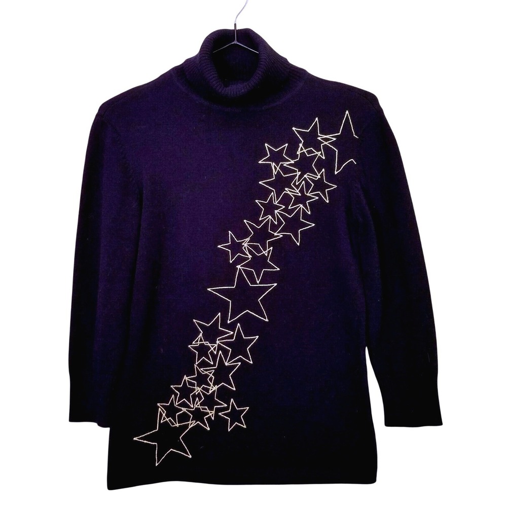 Casual Corner Navy Blue Gold Embroidered Star Turtleneck Sweater XS Celestial